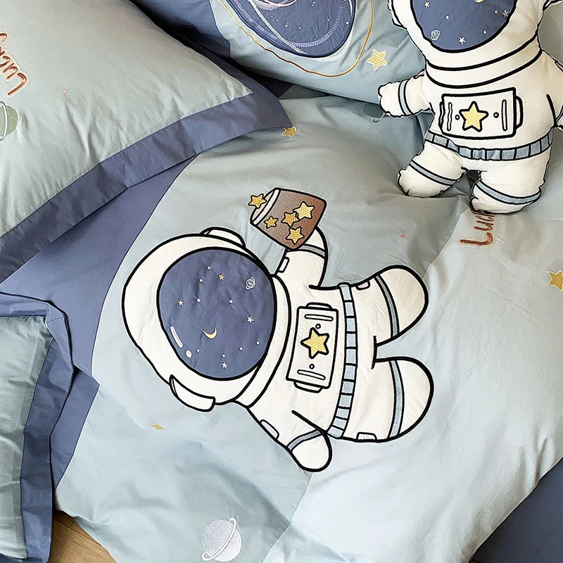 Afralia™ Astronaut Cartoon Embroidery Boys Bedding Set, 100% Cotton, Single Duvet Cover, Bed Sheet, Pillowcases