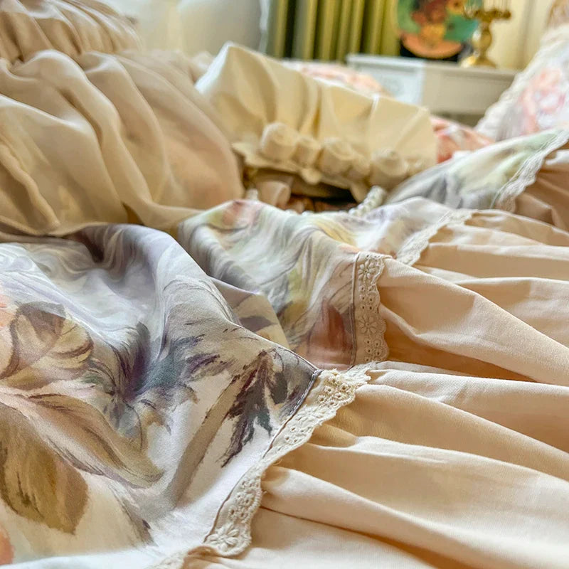 Afralia™ Tropical Leaves Botanical Print Bedding Set with Ruffles, French Vintage Flamingo Duvet Cover