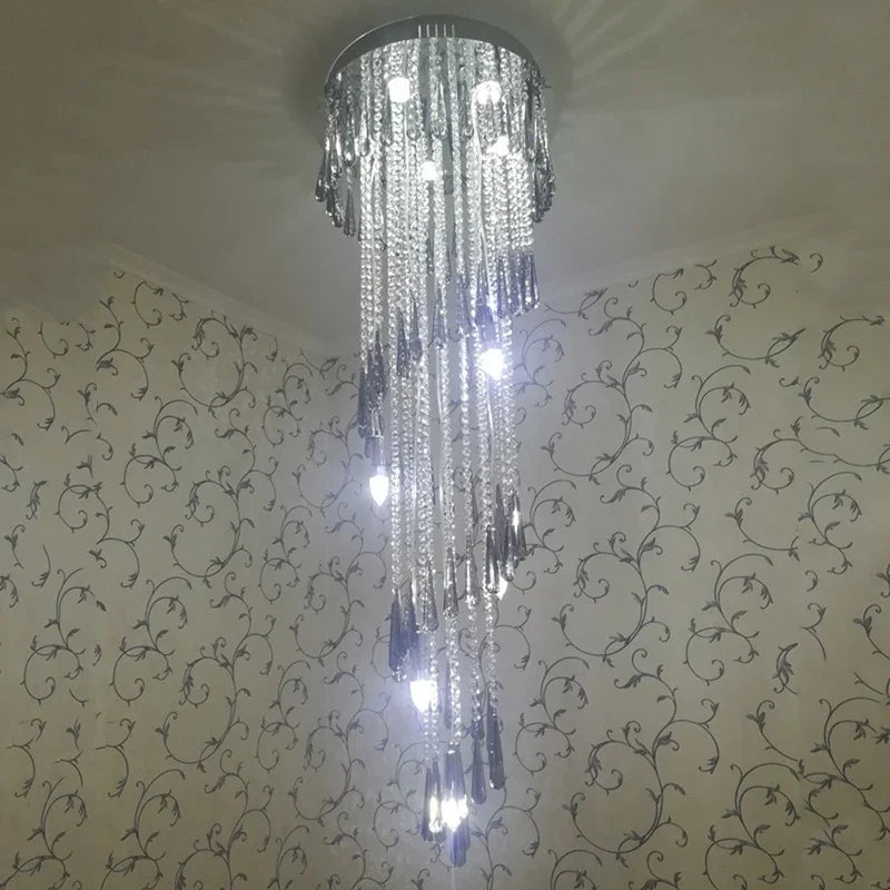 Afralia™ Smoky Gray Crystal LED Chandelier: Luxury Long Stairway & Corridor Lighting