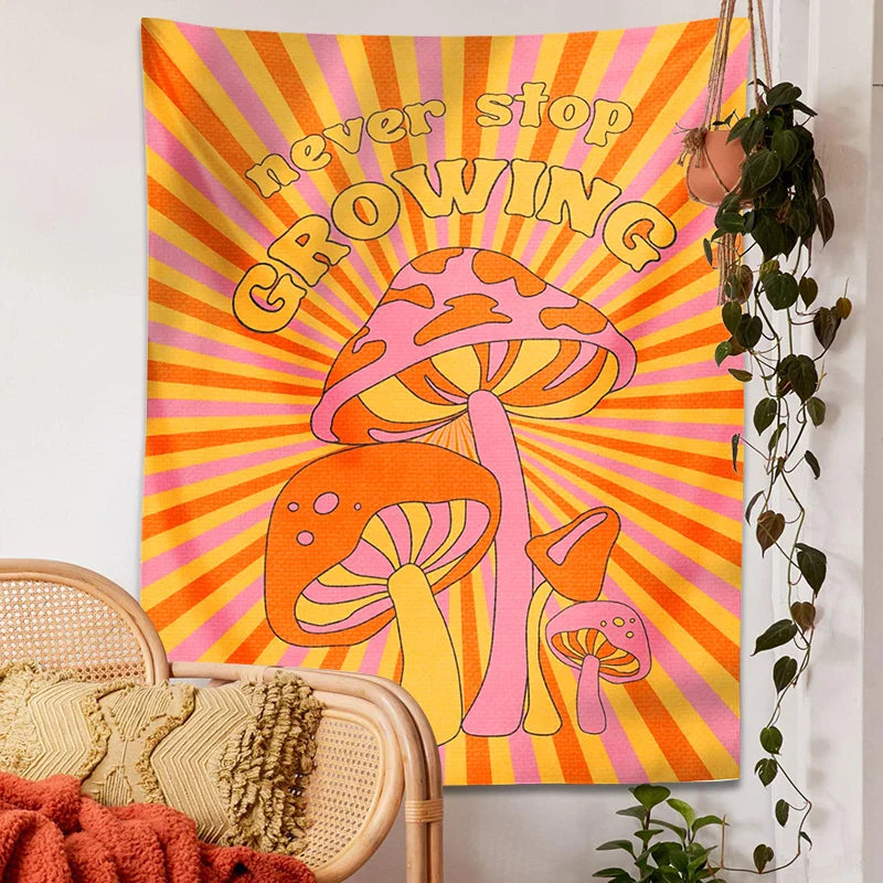 Afralia™ Mushroom Tapestry Retro Groovy Wall Decor Rainbow Sun Vintage Print