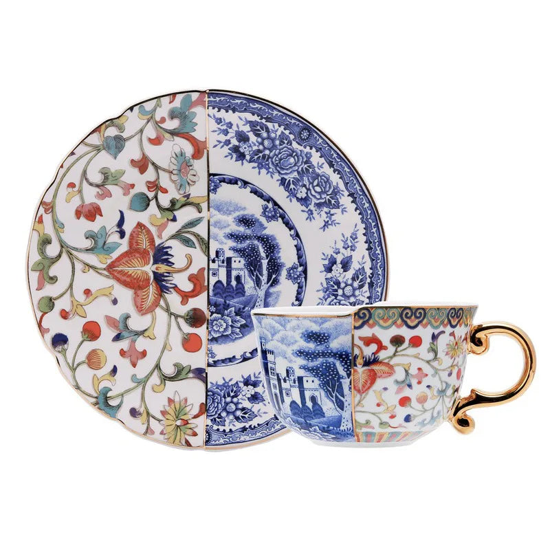 Afralia™ Blue White Porcelain Color Blocked Gilded Coffee Mug Tea Cup Afternoon Dining