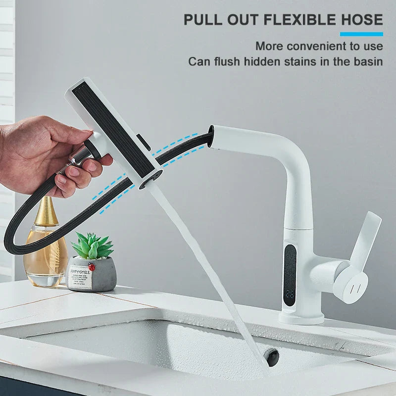 Afralia™ Digital Display Basin Faucet with 3-Way Nozzle: Pull Out, Rainfall Stream, Hot Cold Mixer