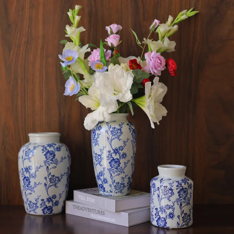 Afralia™ Blue White Porcelain Vase Vintage Ceramic Flower Home Decor Jar