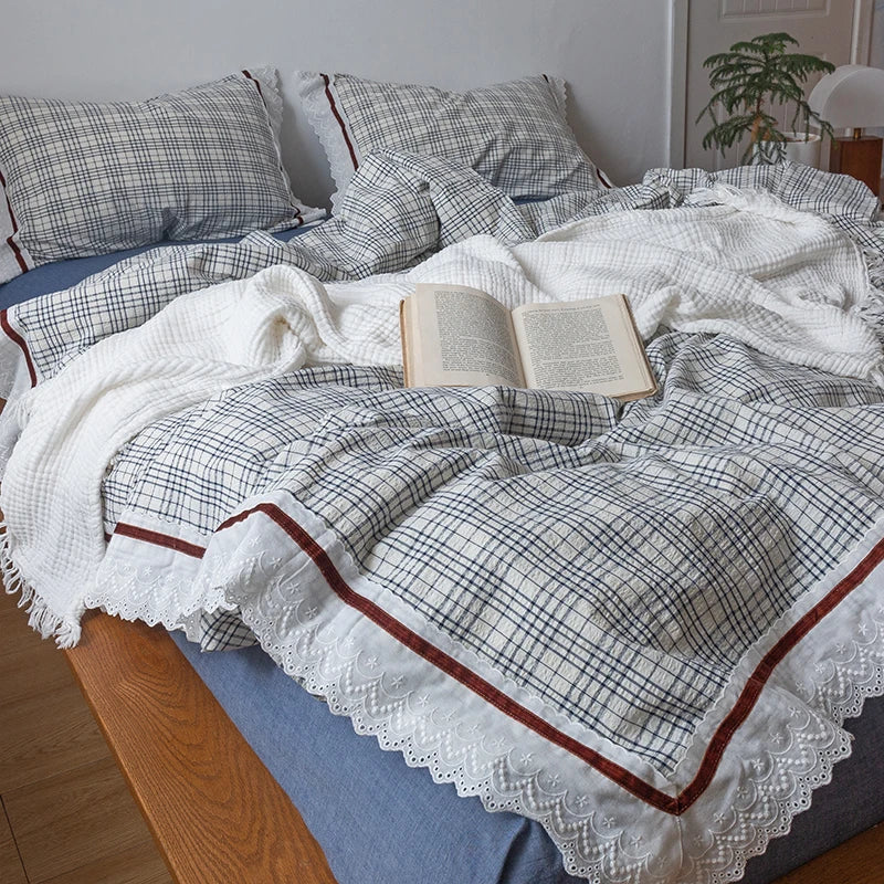 Afralia™ Korean Seersucker Lace Ruffles Bedding Set for Girls