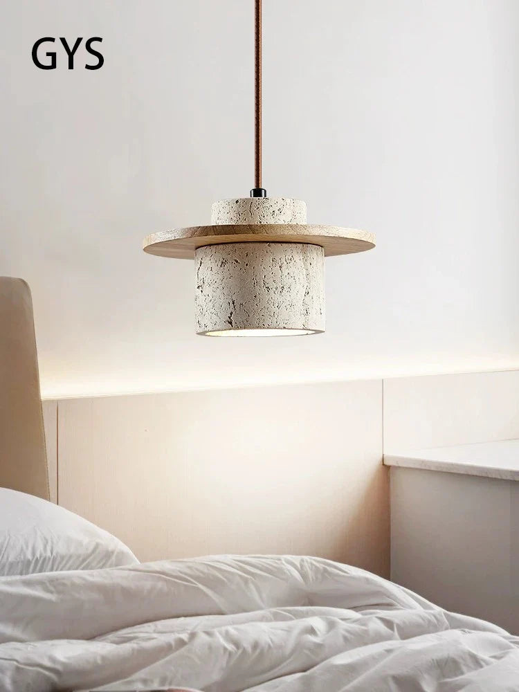 Afralia™ Vintage Stone Wood Cream LED Pendant Chandelier for Bedroom & Home Decor