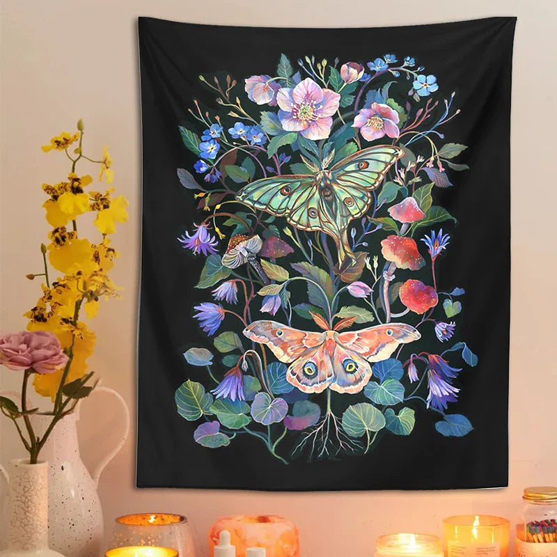 Moon Moth Tapestry Wall Hanging by Afralia™ - Floral Mushroom Witchcraft Wildflowers Dream Decor