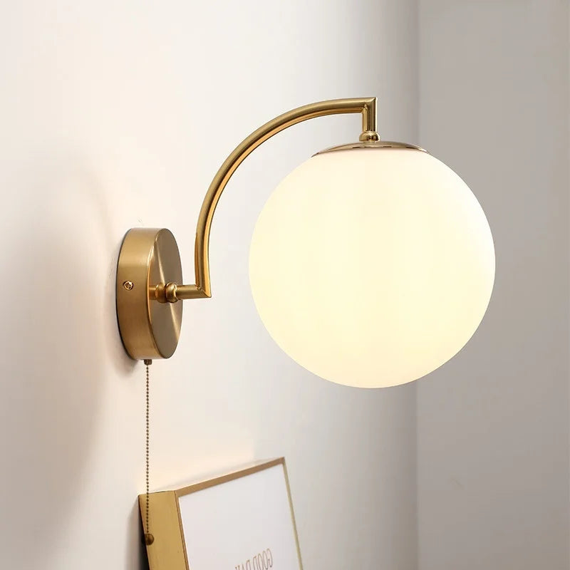 Afralia™ LED Glass Iron Wall Light with Pull Chain Switch for Corridor Living Room Bedroom