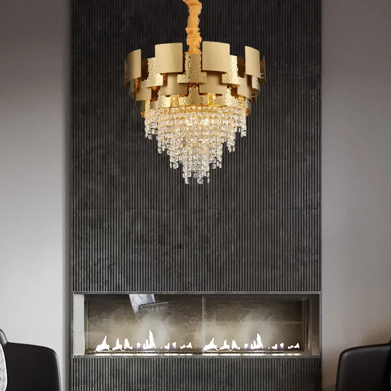 Afralia™ Modern Golden Stainless Steel Hanging Chandelier Ideal for Living Spaces