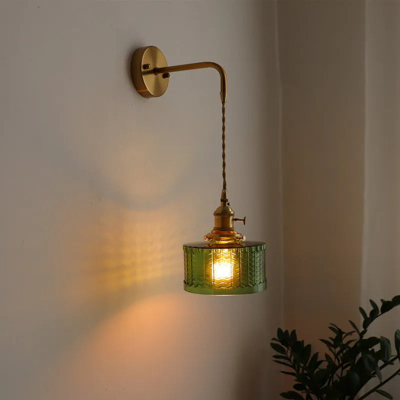 Afralia™ Vintage Green Glass Copper LED Wall Lights Pull Chain Switch Hallway Bedroom Balcony Wall Lamp