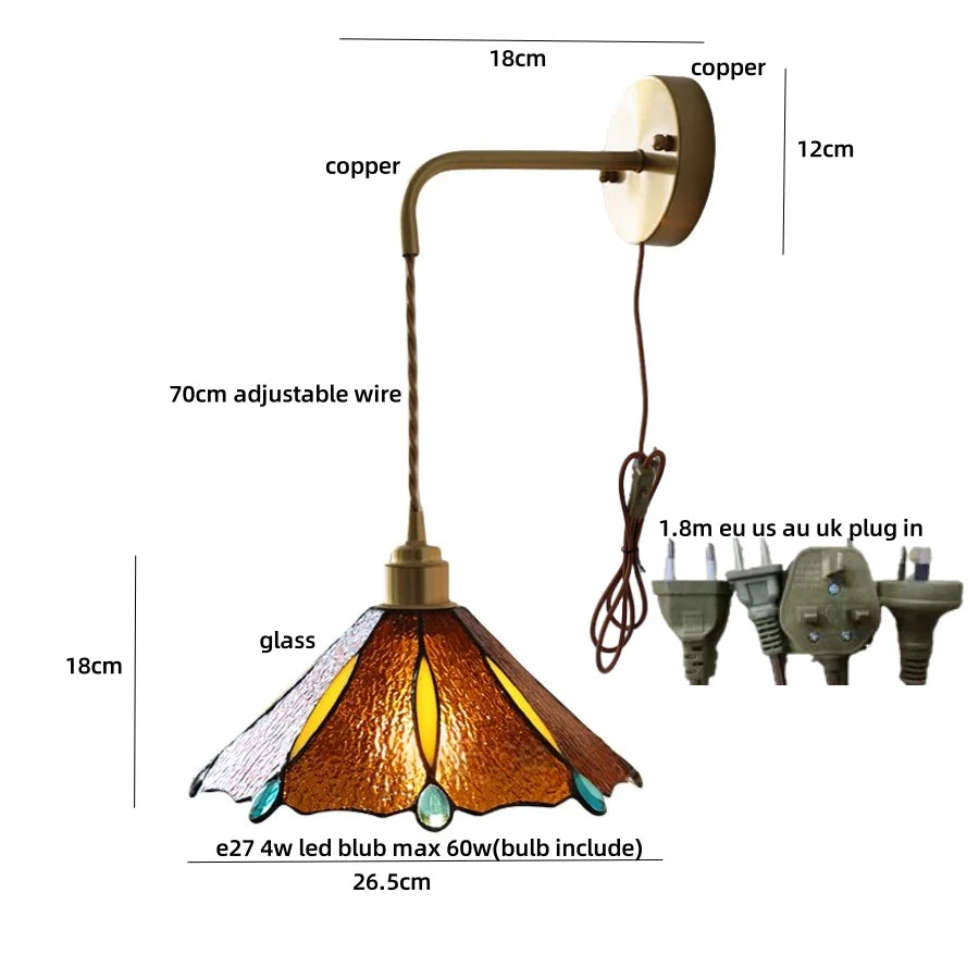 Afralia™ Tiffany Yellow Glass Wall Light Sconce with Pull Chain - Bedroom Balcony LED Fixture