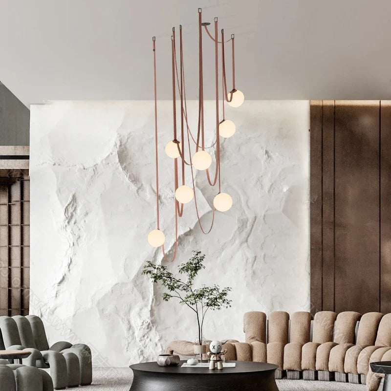 Afralia™ Modern Leather Chandelier LED Staircase Pendant Lamp for Hotel Living Room