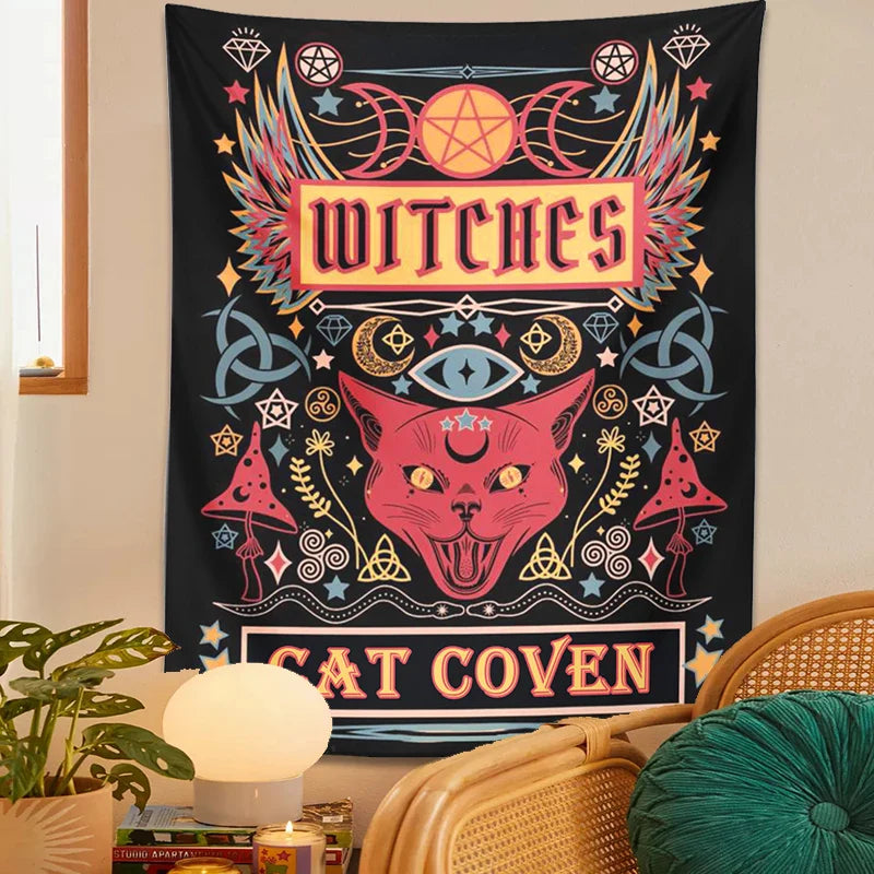 Afralia Cat Witchcraft Tapestry: Sun Moon Tarot Mushroom Divination for Home Decor