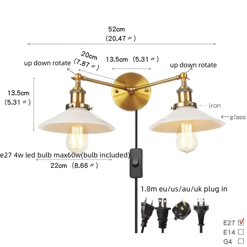 Afralia™ Glass 2-Light Wall Sconce with Pull Chain Switch for Bedroom and Bathroom