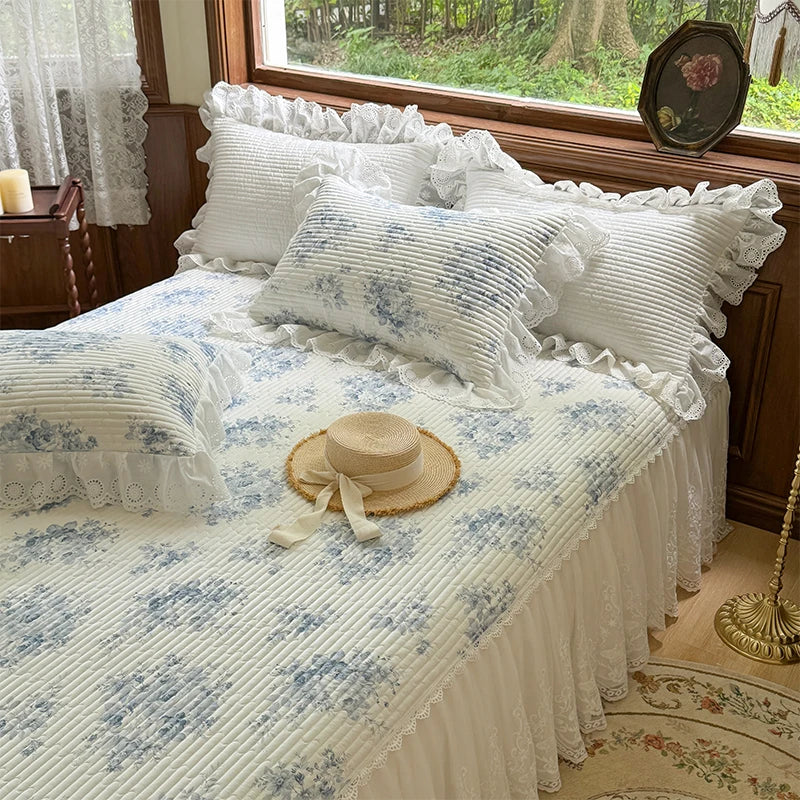 Afralia™ Lace Ruffles Bed Skirt Set with Pillowcases for 1.2-2M Beds