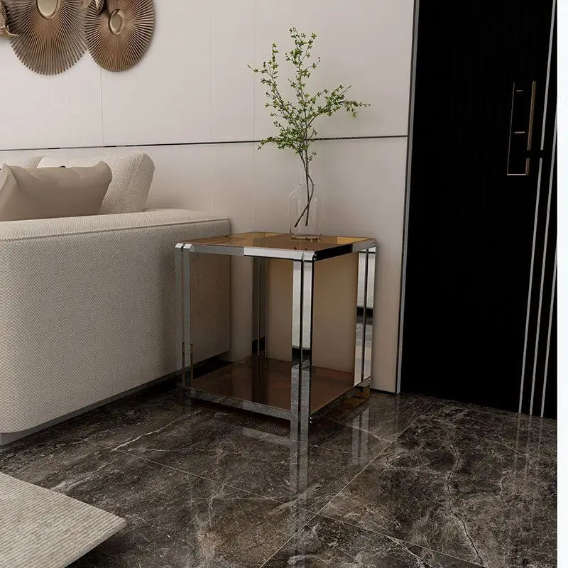 Afralia™ Stainless Steel Glass Coffee Table Sofa Side Light Luxury Modern Bedside Cabinet Small Coffee Table