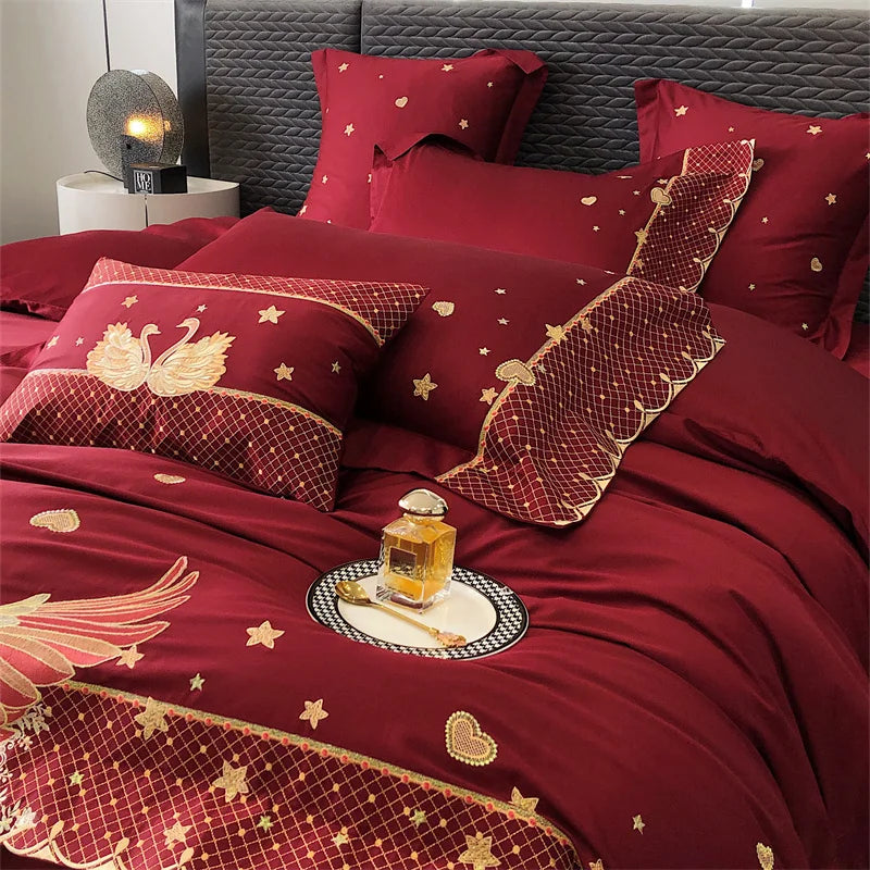 Afralia™ Gold Swan Love Wedding Bedding Set, Egyptian Cotton, 1000TC, 4 or 6Pcs