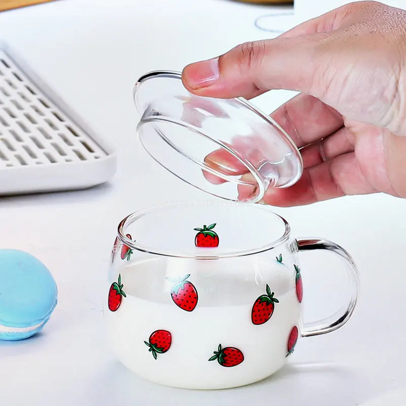 Afralia™ Cute Letter Glass Mug, 380ml: Strawberry Tea Coffee Cup, Breakfast Milk Drinkware