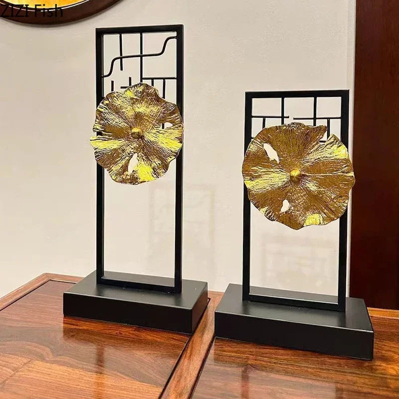 Afralia™ Golden Lotus Leaf Feng Shui Desk Ornament Alloy Sculpture