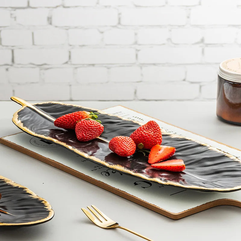 Afralia™ Feather Design Ceramic Plate Set - Tableware Accessories & Jewelry Tray