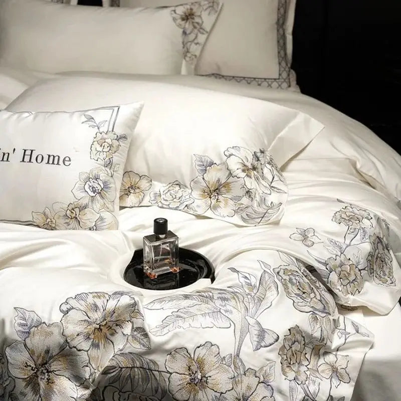 Afralia™ Luxe Embroidered Cotton Bedding Set: Duvet Cover, Pillowcases, Flat Sheet