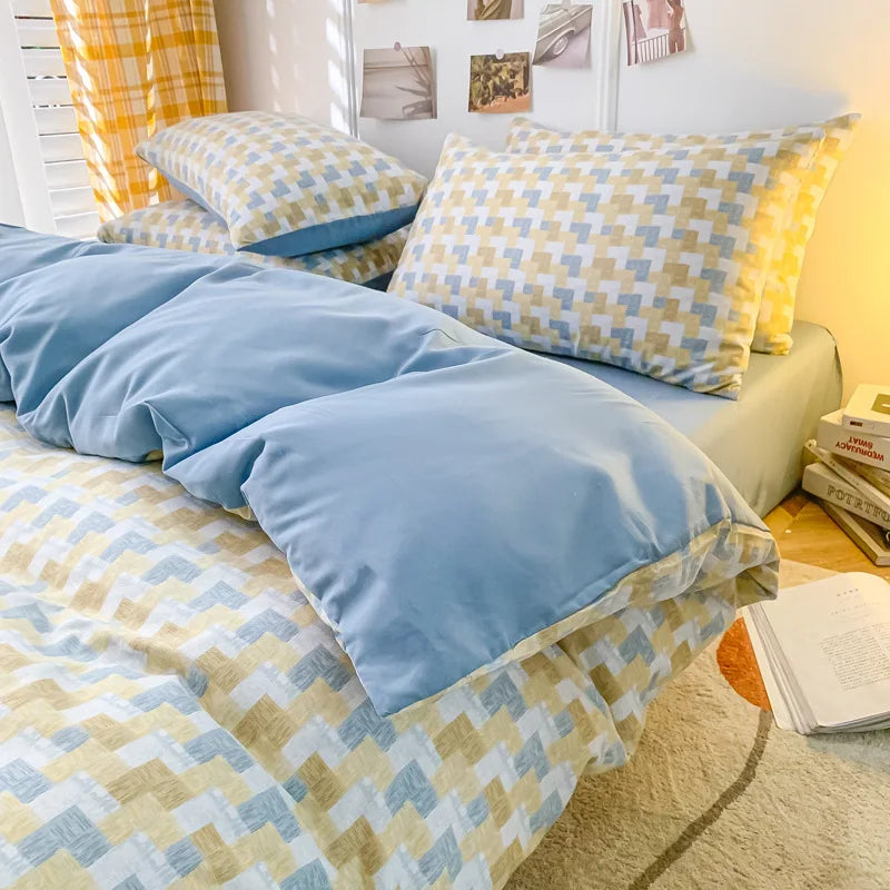 Afralia™ Nordic Checkerboard Pattern Washed Cotton Bedding Set for All-Season Comfort