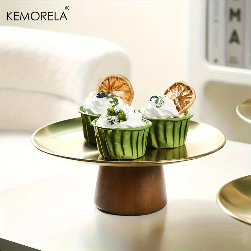 Afralia™ Stainless Steel Cake Tray with Wooden Base - Korean Style Fruit Display Plate