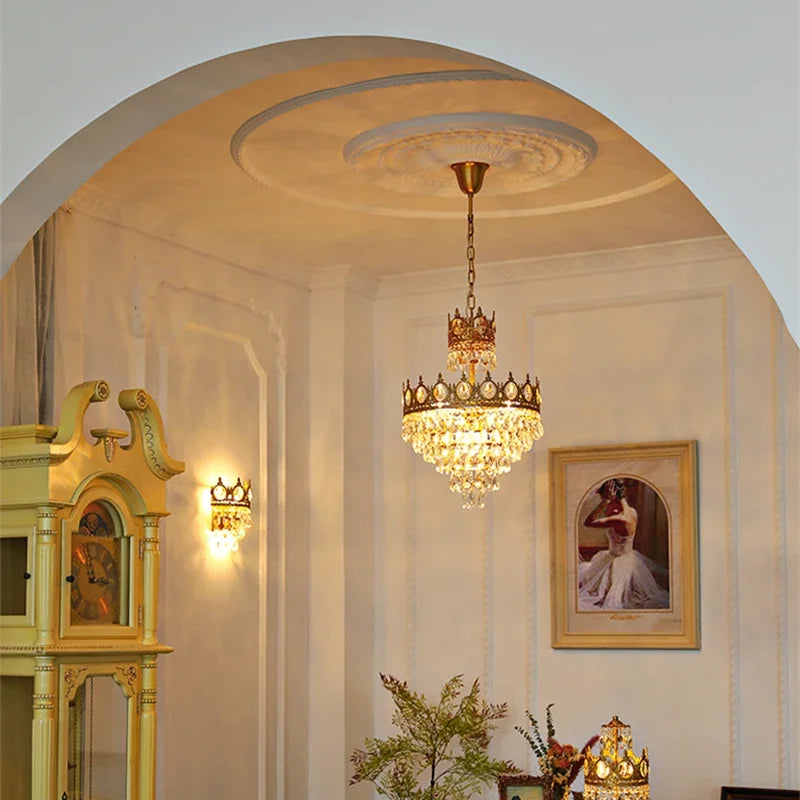Afralia™ Crown Crystal Chandelier - Golden Vintage LED Pendant for Elegant Indoor Lighting