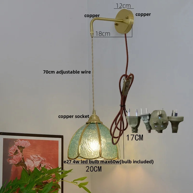 Afralia™ Glass Brass LED Wall Sconce Pull Chain Switch Vintage Vanity Light