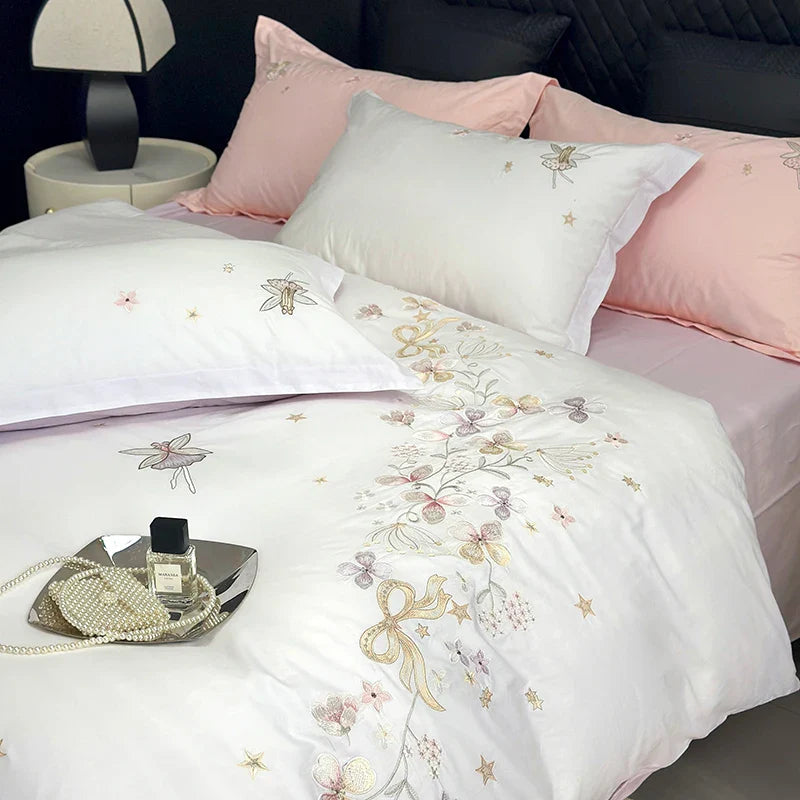 Afralia™ Princess Flower Bow Angel Embroidery Bedding Set