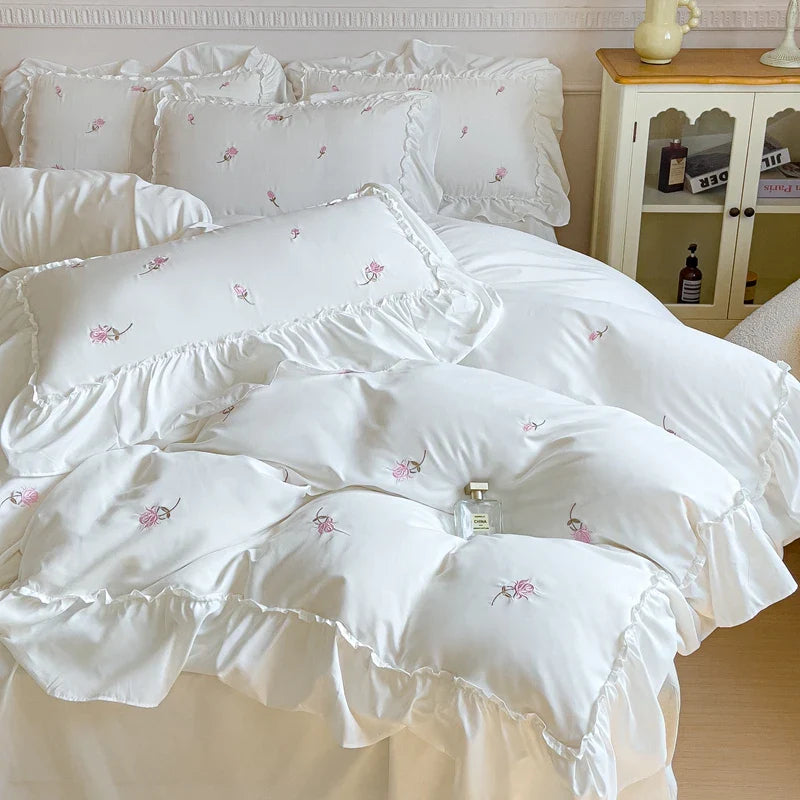 Afralia™ Korean Princess Rose Flowers Lace Ruffles Bedding Set - Soft Cotton Duvet Cover