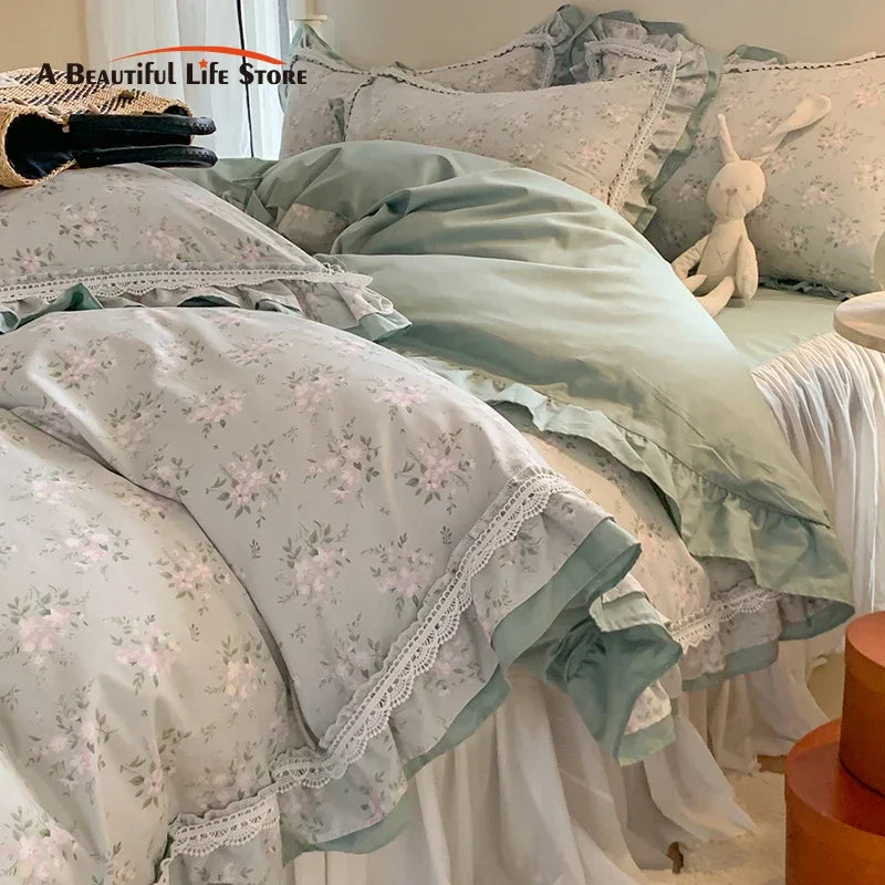Afralia™ Lace Ruffles Cotton Floral Duvet Set with Pillowcase, Princess Bedding