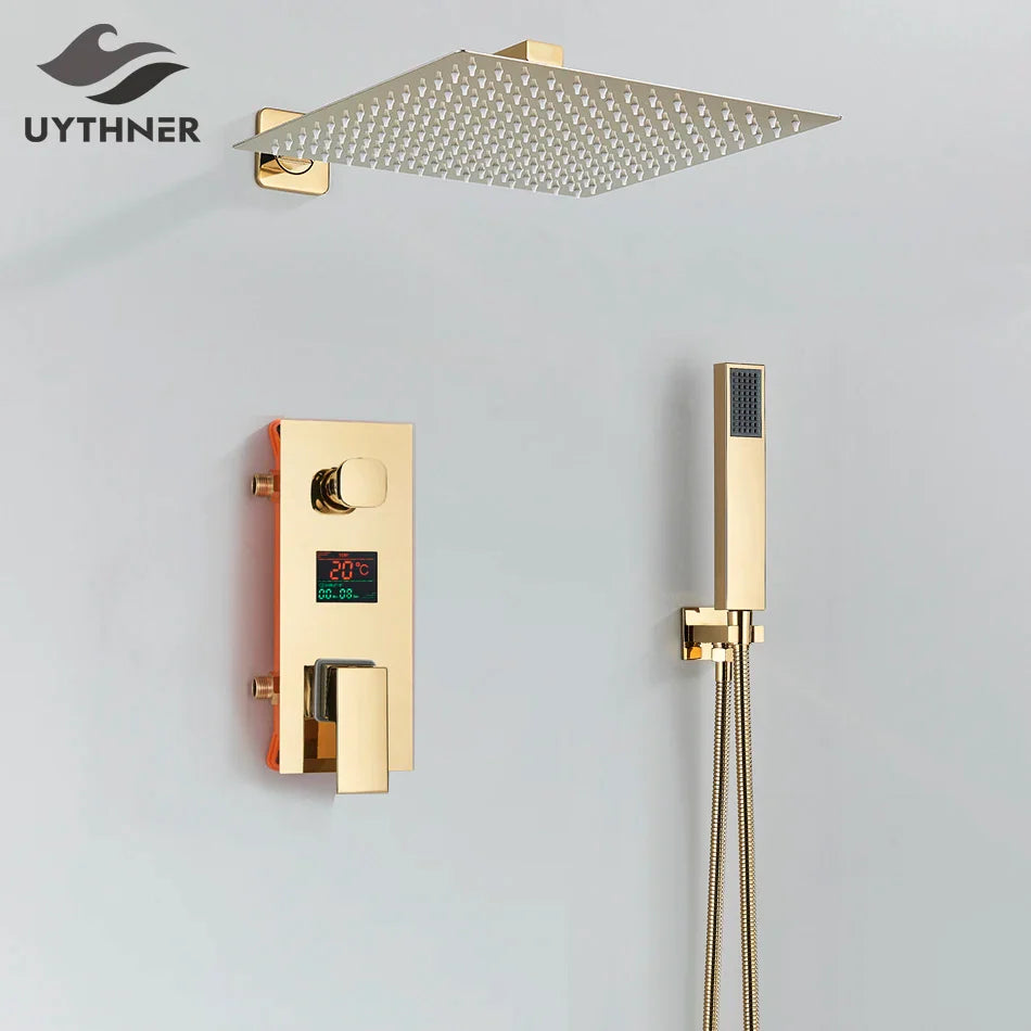 Afralia™ Gold Digital Display Shower Set with Rainfall Head - Waterfall Bath Shower System