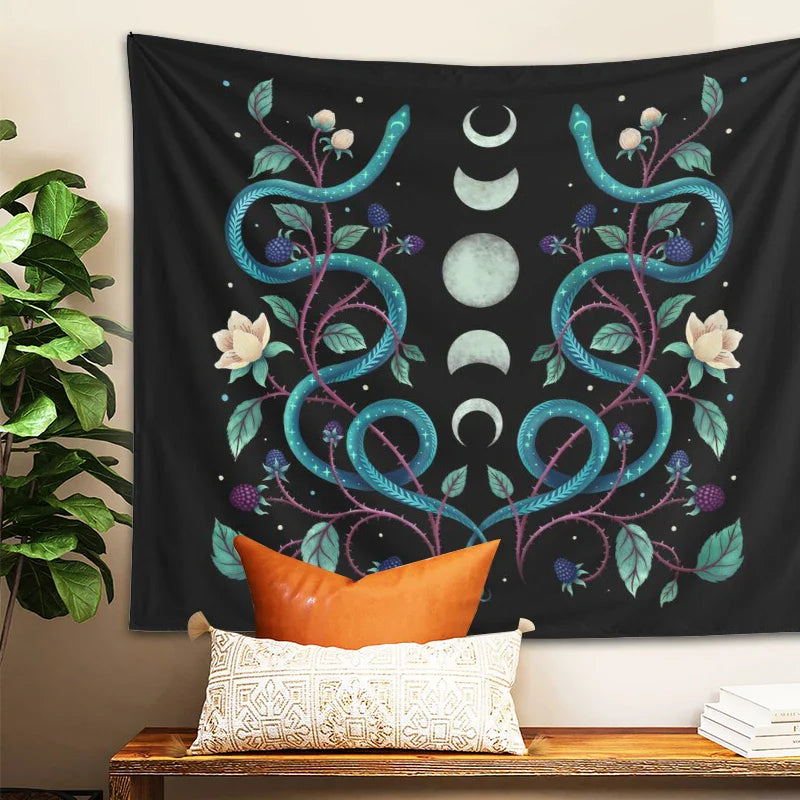 Afralia™ Serpent Moon Phase Tapestry: Aesthetic Psychedelic Wall Hanging for Home Decor