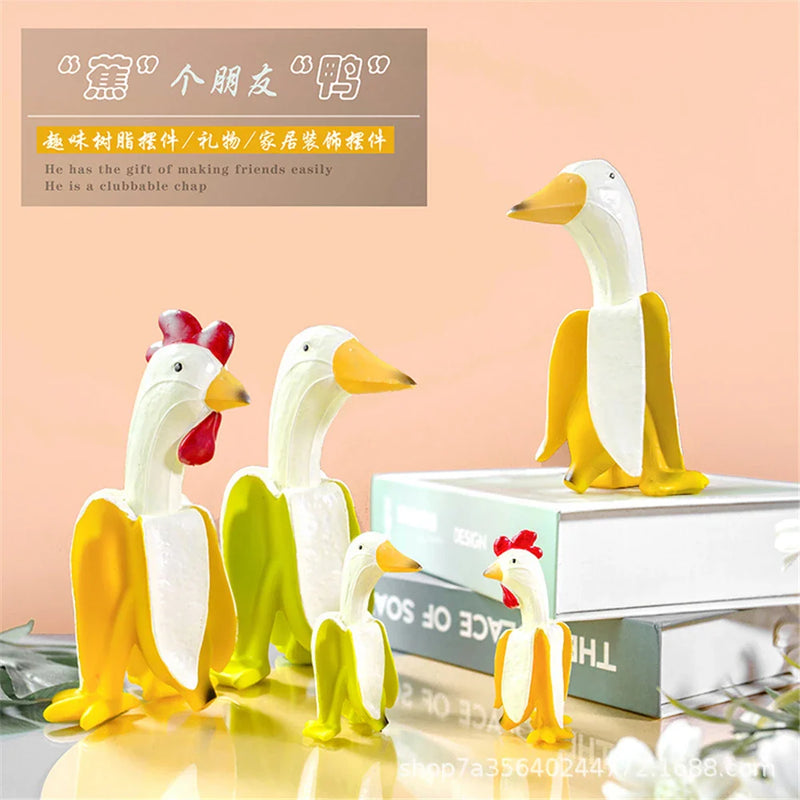 Afralia™ Resin Chicken/Duck Banana Statues & Peeled Bananas Decor Ornaments Home Garden Figurines