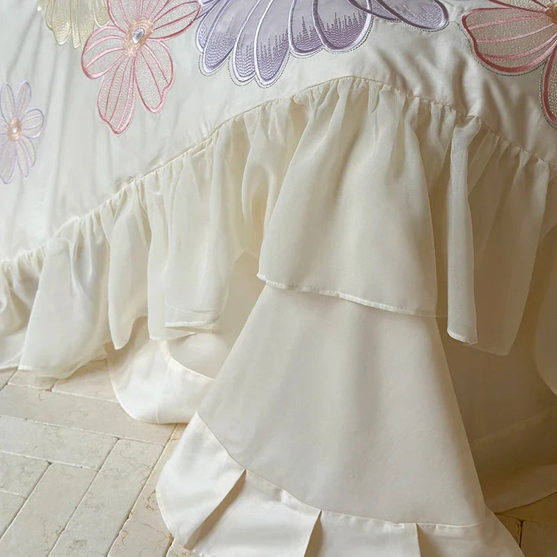 Afralia™ Romantic Flowers Lace Ruffles Princess Bedding Set, 1200TC Egyptian Cotton, Duvet Cover, Bed Sheet, Pillowcases