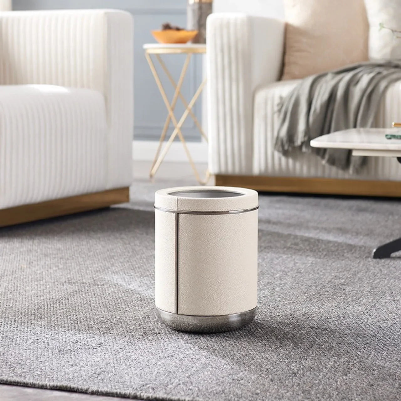 Afralia™ Stainless Steel Leather Bedroom Trash Can with Large Capacity