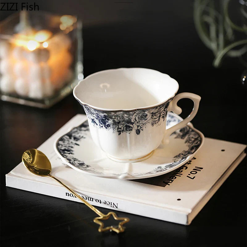 Afralia™ Grey Blue Rose Ceramic Cup & Saucer Set, Classical Mugs for Dining Table and Coffee Mug