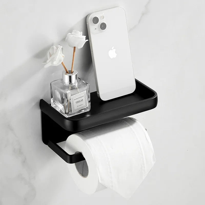 Afralia™ Aluminum Black Tissue Holder with Phone Shelf - Toilet Paper Rack