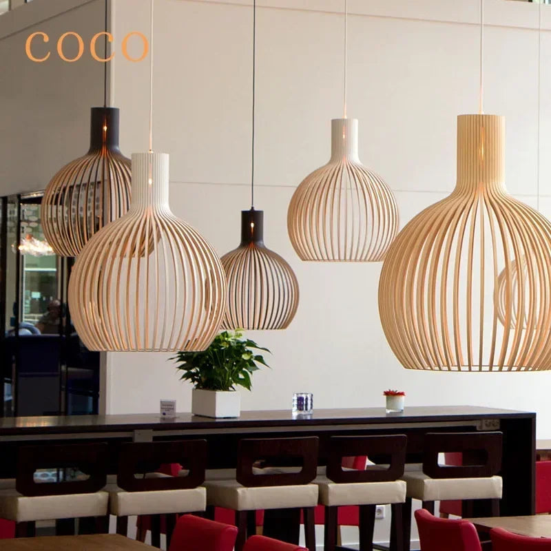 Afralia™ Wood Cage Chandeliers Light Black Bamboo Lamp Country Style Lighting Fixtures