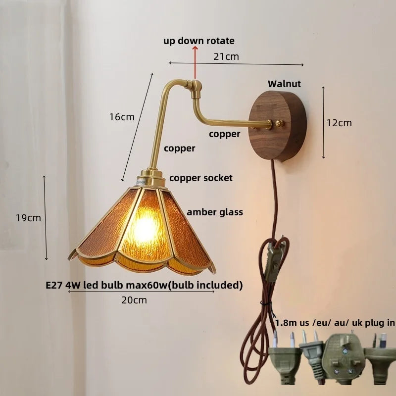Afralia™ Rotating Copper LED Wall Light with Pull Chain Switch and Walnut Base