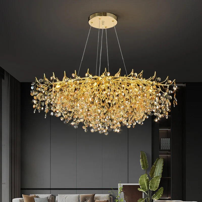 Afralia™ Golden Dendrite Crystal LED Ceiling Chandelier - Luxe Living Room Lighting