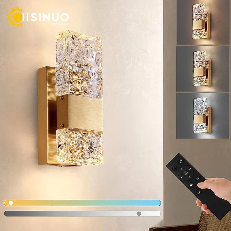 Afralia™ LED Crystal Wall Light with Remote, Dimmable 3000K 6000K for Bedroom and Living Room