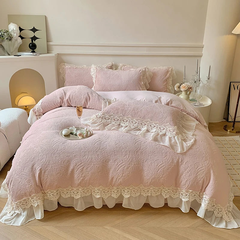Afralia™ Luxe Velvet Lace Ruffle Duvet Set with Plush Pillowcases, Winter Bedding Collection