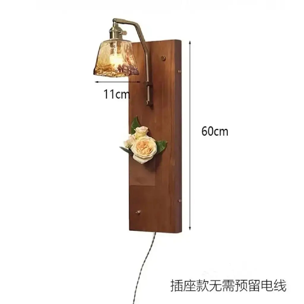 Afralia™ Retro Solid Wood Flower Wall Lamp for Medieval Bedroom, Copper Glass Staircase Decor