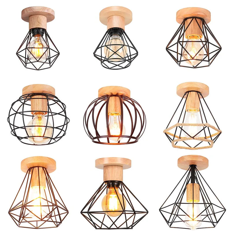 Afralia™ Nordic Wood Iron Cage Ceiling Lamp for Hallway Balcony Illumination