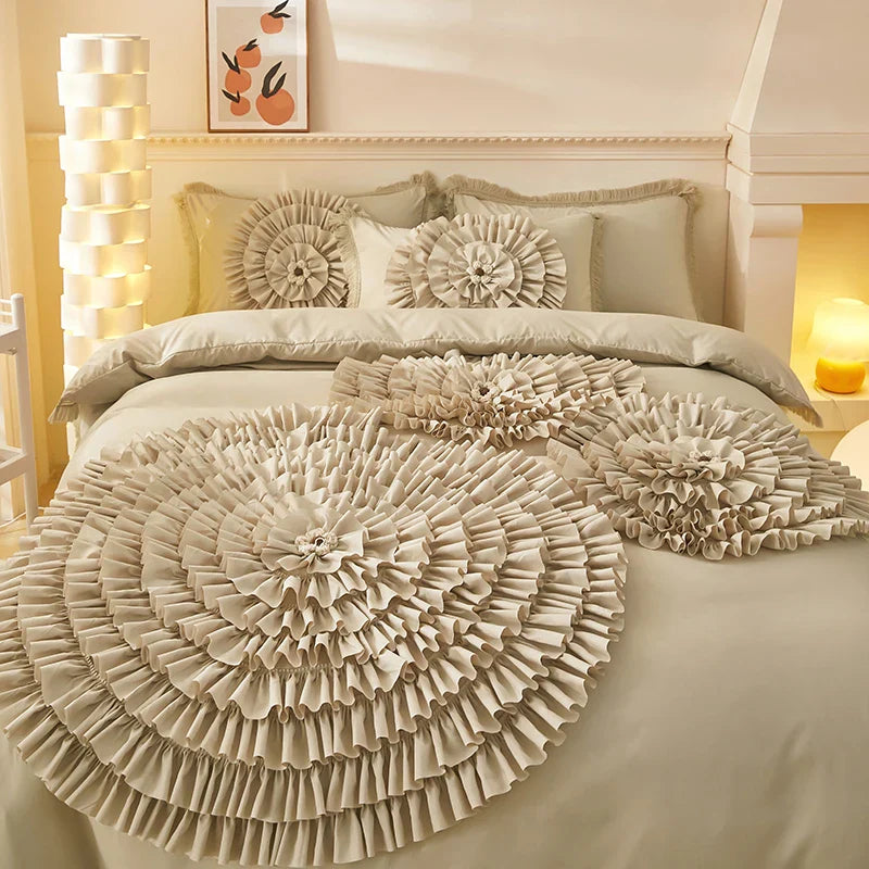 Afralia™ Brushed Cotton Flower Embroidery Bedding Set with Stereoscopic Handwork