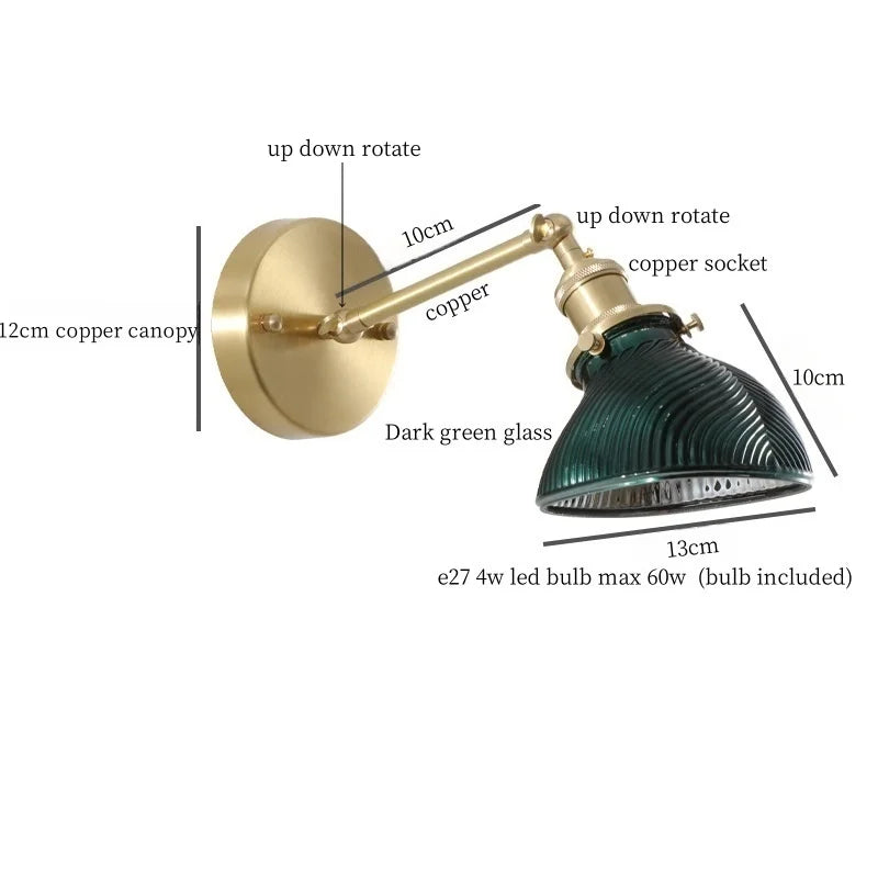 Afralia™ Green Glass LED Wall Sconce, Pull Chain Switch, for Bedside, Bathroom, Living Room