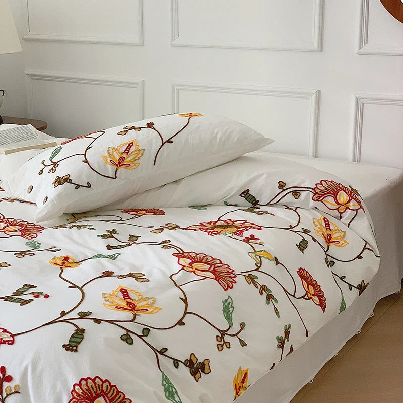 Afralia™ Cotton Bohemia Flowers Embroidery 4pcs Bedding Set Vintage Duvet Cover King Queen