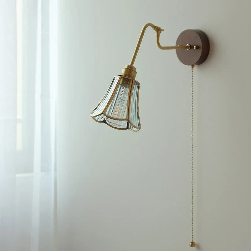 Afralia™ Copper Rotate Arm LED Wall Light: Clear Glass Walnut Bedside Lamp