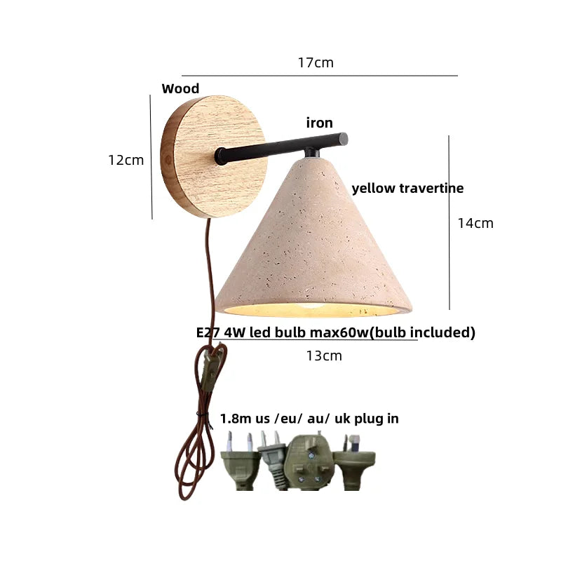 Afralia™ LED Yellow Travertine Wall Light with Wood Pull Chain Switch and Iron Frame